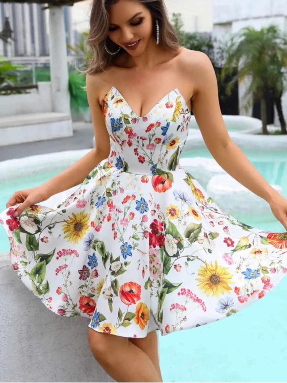 Terani Couture White Strapless Floral Sweetheart Fit-and-Flare Dress